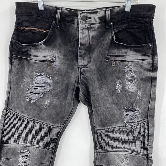 Rockstar Straight Biker Jeans Distressed Black Wash Modern Casual